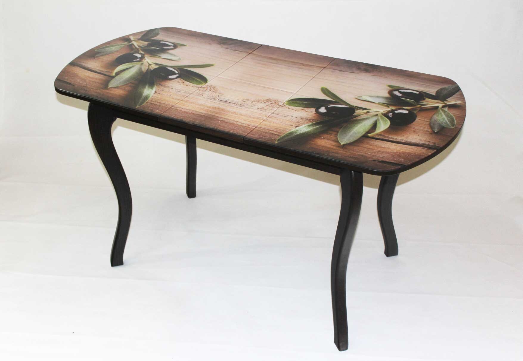 Стеклянный + ЛДСП раздвижной стол Милан 32 с деревянными опорами и фотопечатью Маслины