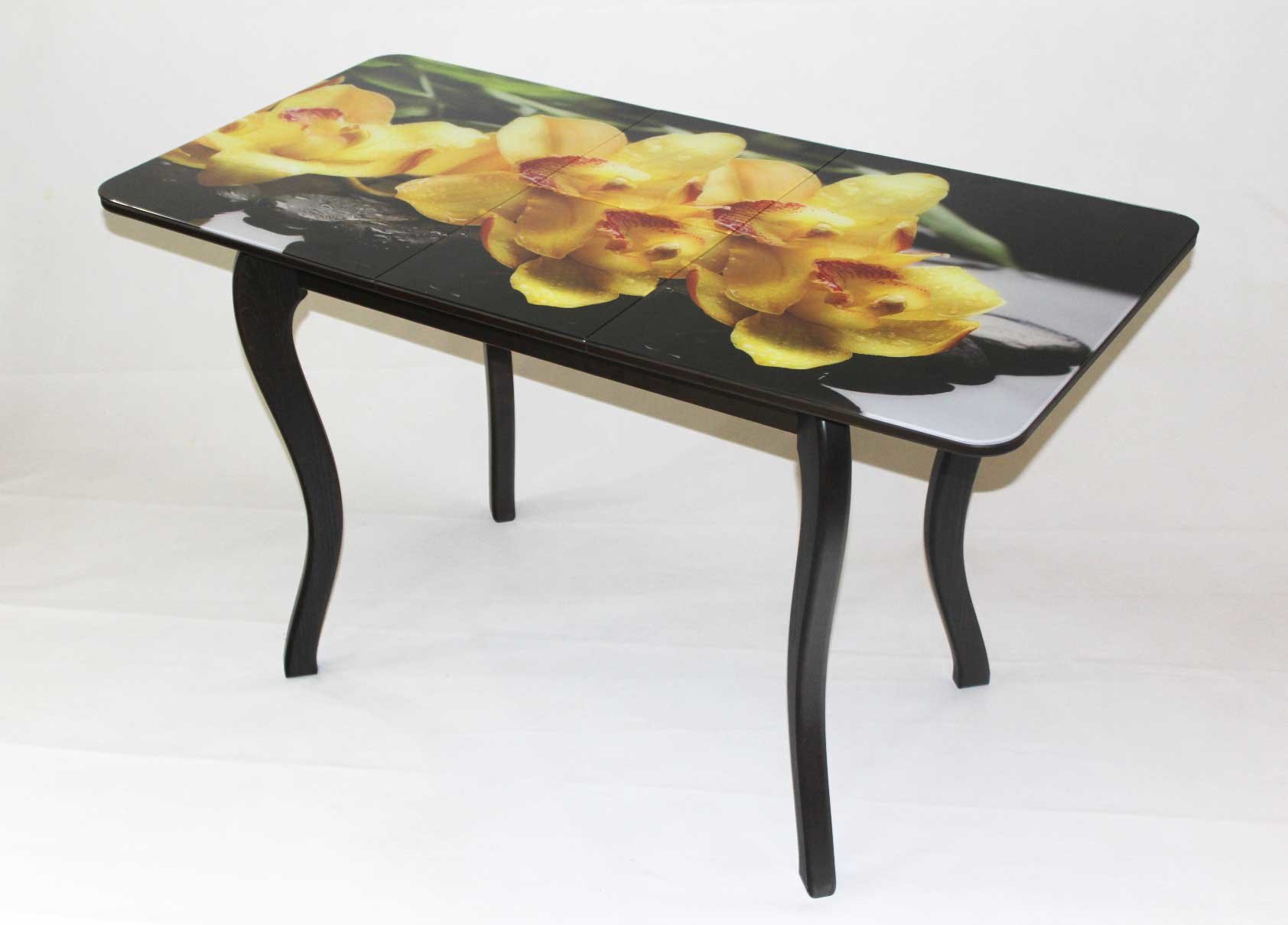 Стеклянный + ЛДСП раздвижной стол Милан 10 с деревянными опорами и фотопечать Желтые Нарциссы