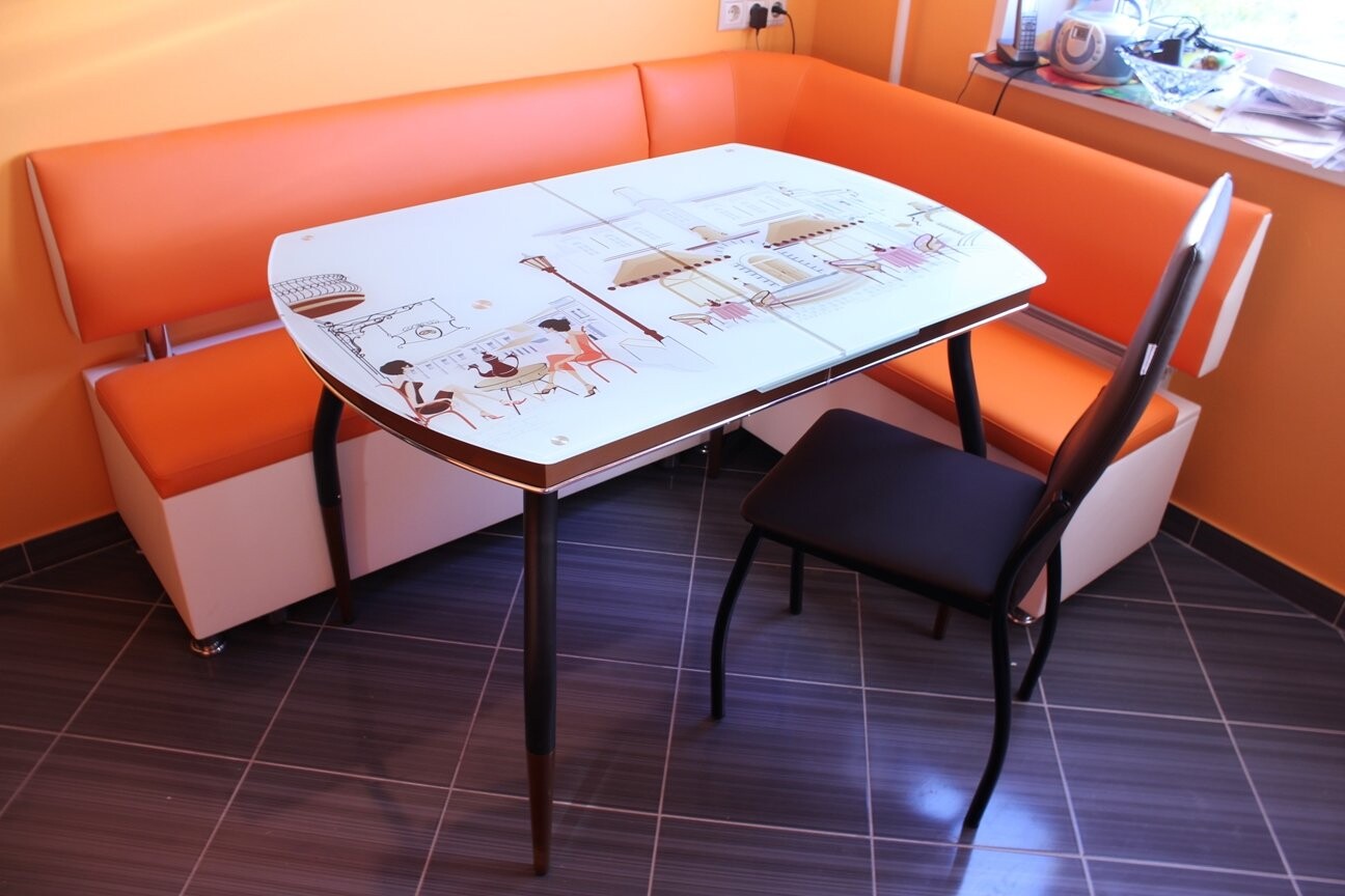 Стеклянный раздвижной стол Галактика с фотопечатью Французское кафе