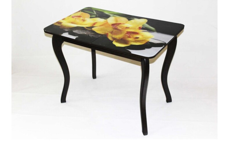 Стеклянный + ЛДСП раздвижной стол Милан 10 с деревянными опорами и фотопечать Желтые Нарциссы