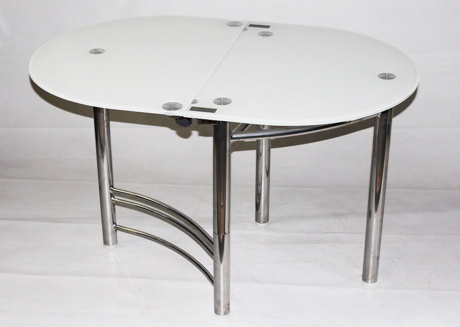 овальный стол-трансформер из стекла Opus с белой фотопечатью .