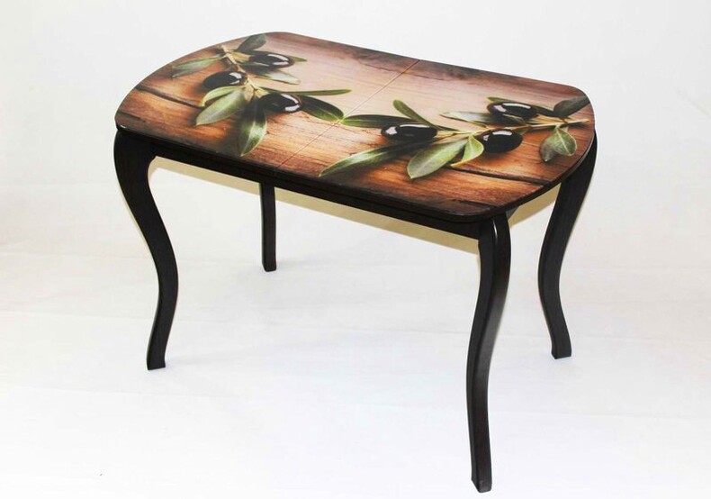 Стеклянный + ЛДСП раздвижной стол Милан 32 с деревянными опорами и фотопечатью Маслины