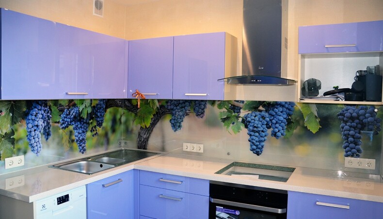 Стеклянные скинали на кухню с фотопечатью Синий виноград
