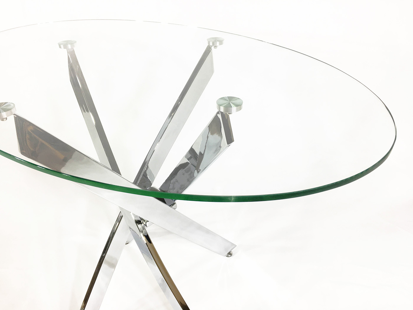 Круглый стеклянный стол Троя 18 прозрачный c белым подстольем (900х900)