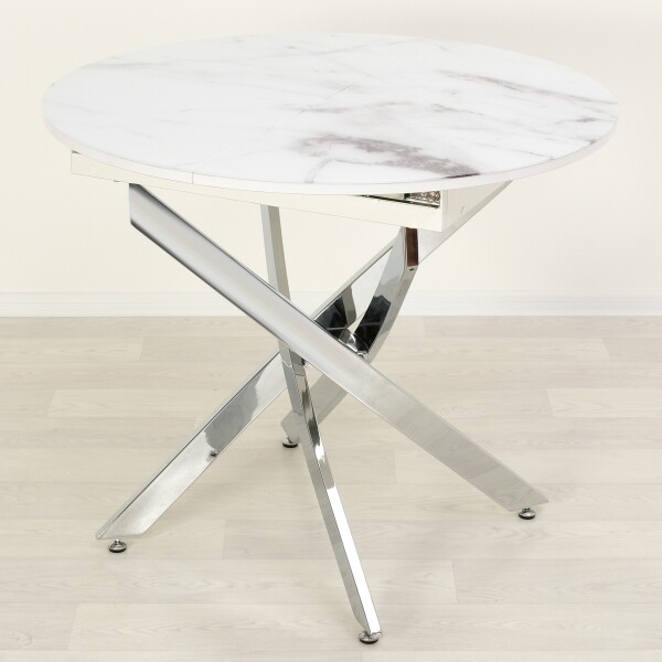 Раздвижной кухонный стол со стеклом Рим Белый мрамор 001/хром