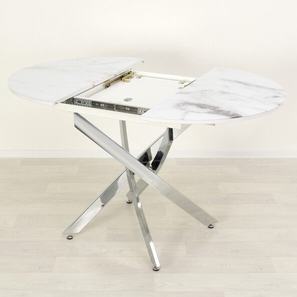 Раздвижной кухонный стол со стеклом Рим Белый мрамор 001/хром