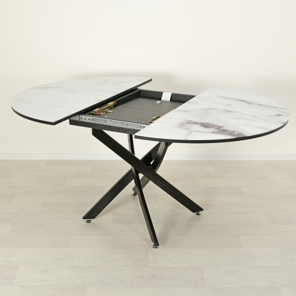 Раздвижной кухонный стол со стеклом Рим Белый мрамор 001/черный