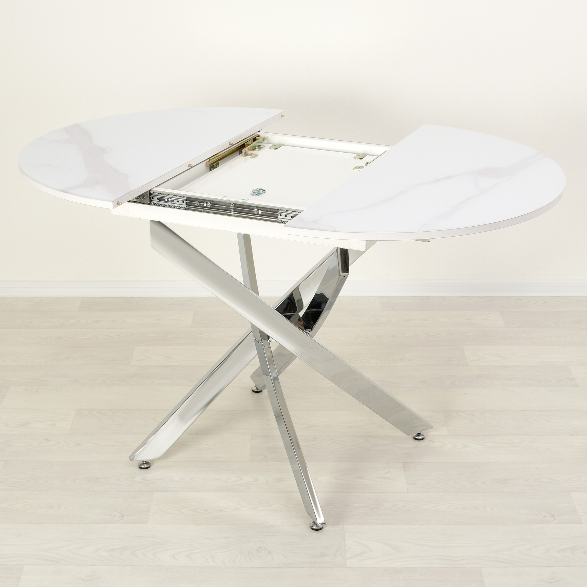 Раздвижной кухонный стол со стеклом Рим Белый мрамор 002/хром