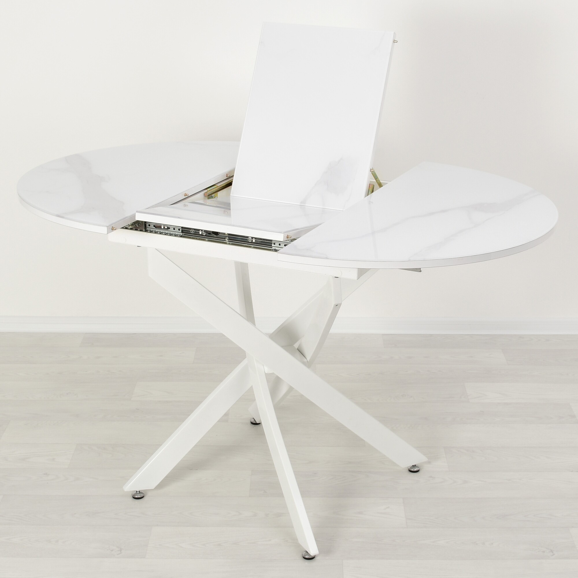 Раздвижной кухонный стол со стеклом Рим Белый мрамор 002/белый
