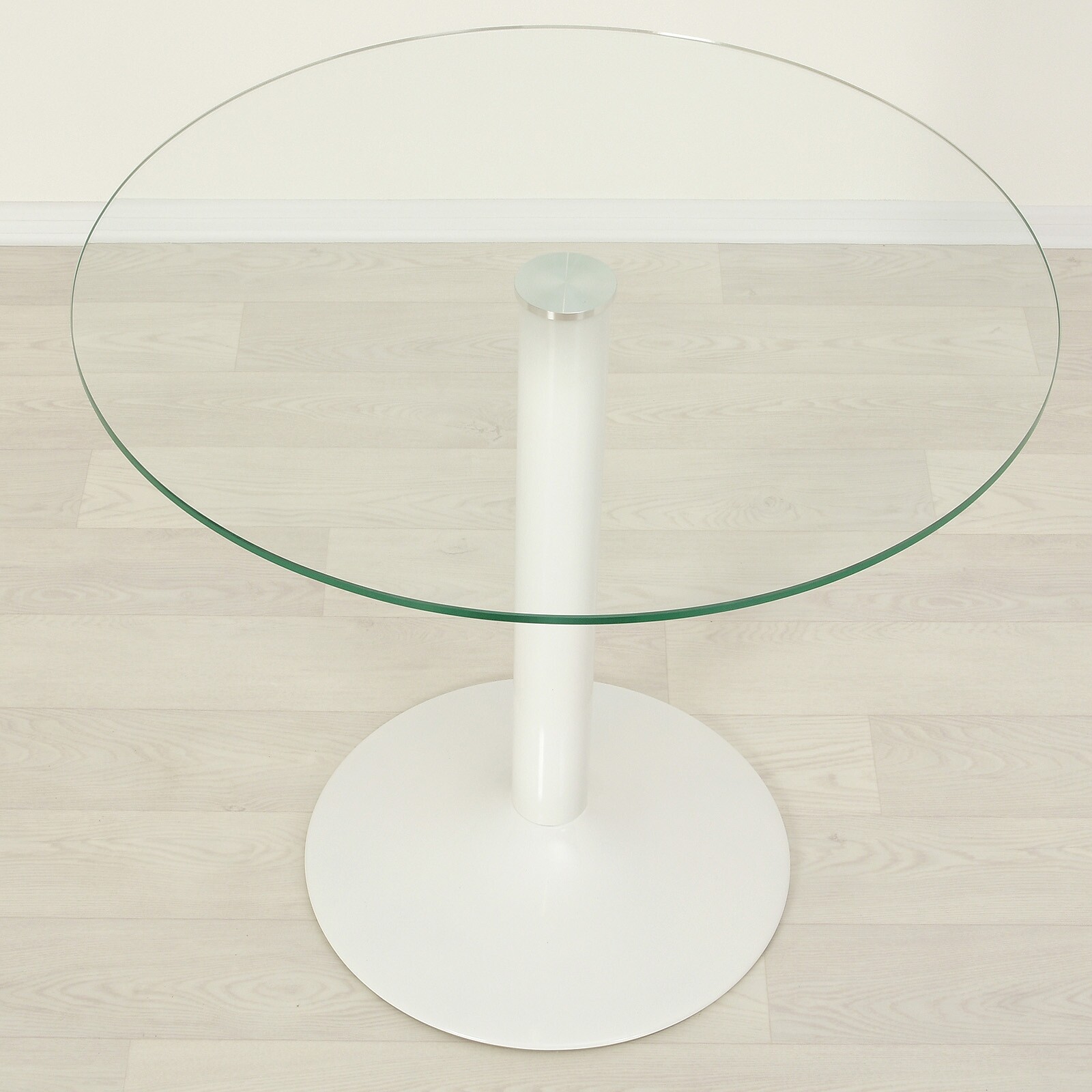 Круглый стеклянный стол Троя 18 прозрачный c белым подстольем