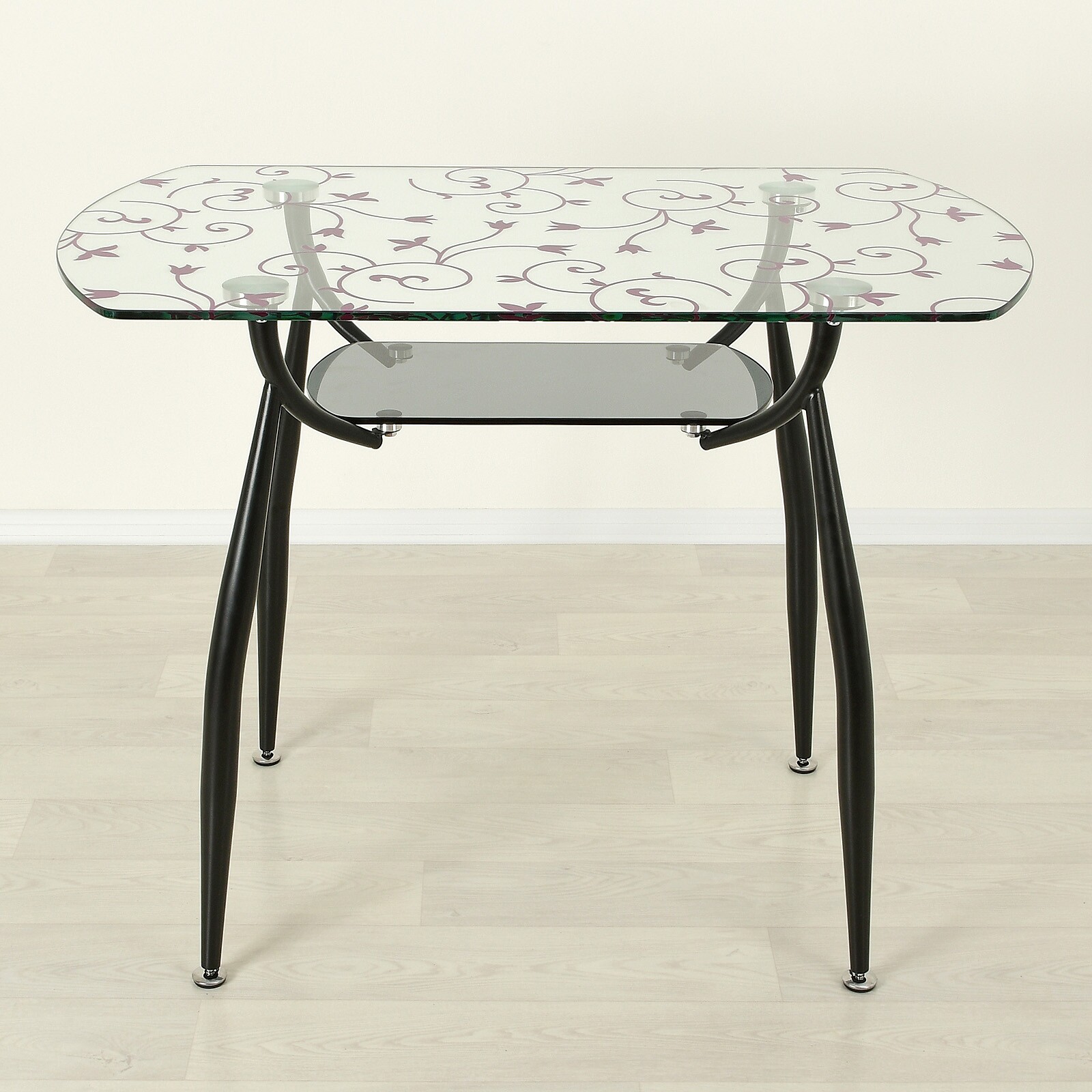 Стеклянный стол Вокал 32  с фотопечатью Цветочный узор на черных опорах