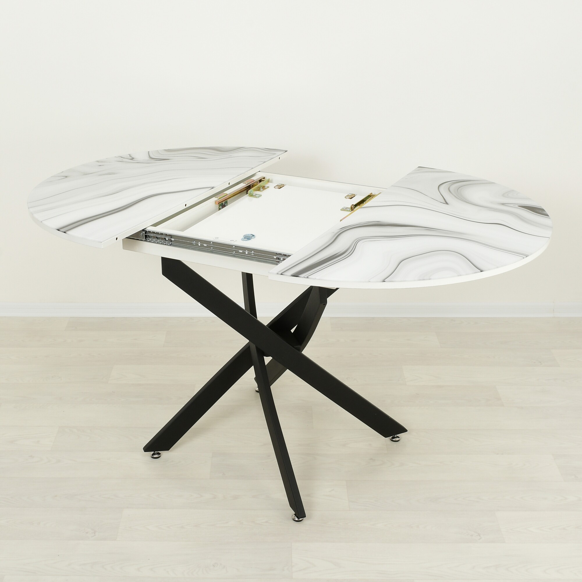 Раздвижной кухонный стол со стеклом Рим Белый мрамор 003/хром