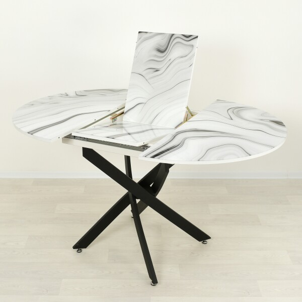 Раздвижной кухонный стол со стеклом Рим Белый мрамор 003/черный
