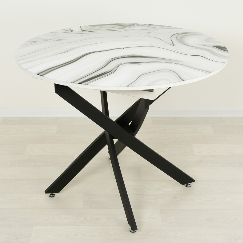 Раздвижной кухонный стол со стеклом Рим Белый мрамор 003/черный